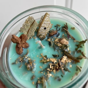 Blue Manifestation Candle: Handmade Soy Wax with Herbs & Gold Flake