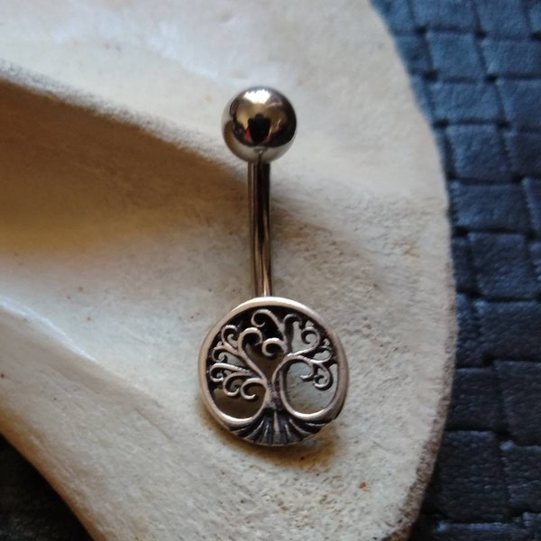 Yggdrasill Belly Button in 925 Silver- Sacre Tree Navel Bars- Norse Cosmology- Belly Ring Silver- Navel Piercing- World Tree- New Collection