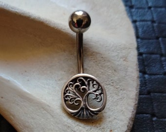 Yggdrasill Belly Button in 925 Silver- Sacre Tree Navel Bars- Norse Cosmology- Belly Ring Silver- Navel Piercing- World Tree- New Collection