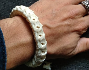 May include: A white bone bracelet made from vertebrae. The bracelet is worn on a person's wrist.