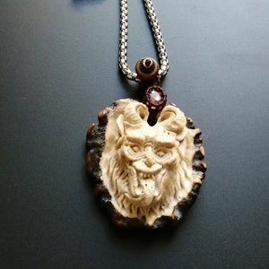 May include: A silver chain necklace with a carved antler pendant featuring a detailed face with horns. The pendant is attached to the chain with a brown cord and a small gemstone.
