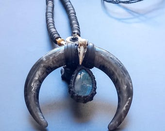 Carved Buffalo Horn Raven Skull Necklace with Labradorite - Unisex