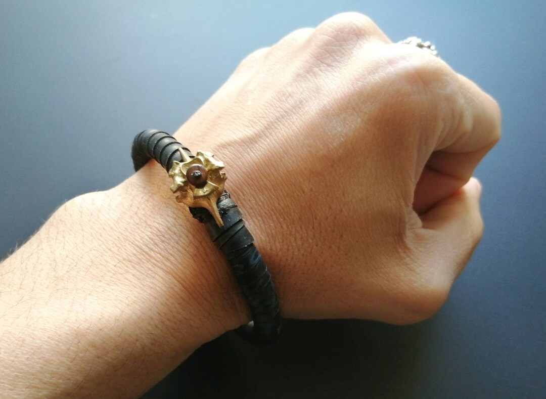 Bracelet With Snake Vertebra in Brass and Rubber Dark Jewelry Unisex Bracelet Wiccan Jewelry