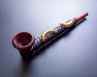 Pipa da fumo Millepiedi - Legno di mogano - Gomma - Gioielli scuri - Fatti a mano - Gioielli tribali