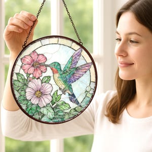 Hummingbird Gift for her, Hummingbird Stained Glass Suncatcher, Hummingbird Window Hanging, Bird Wall Art, Gifts for Grandma, Garden Decor