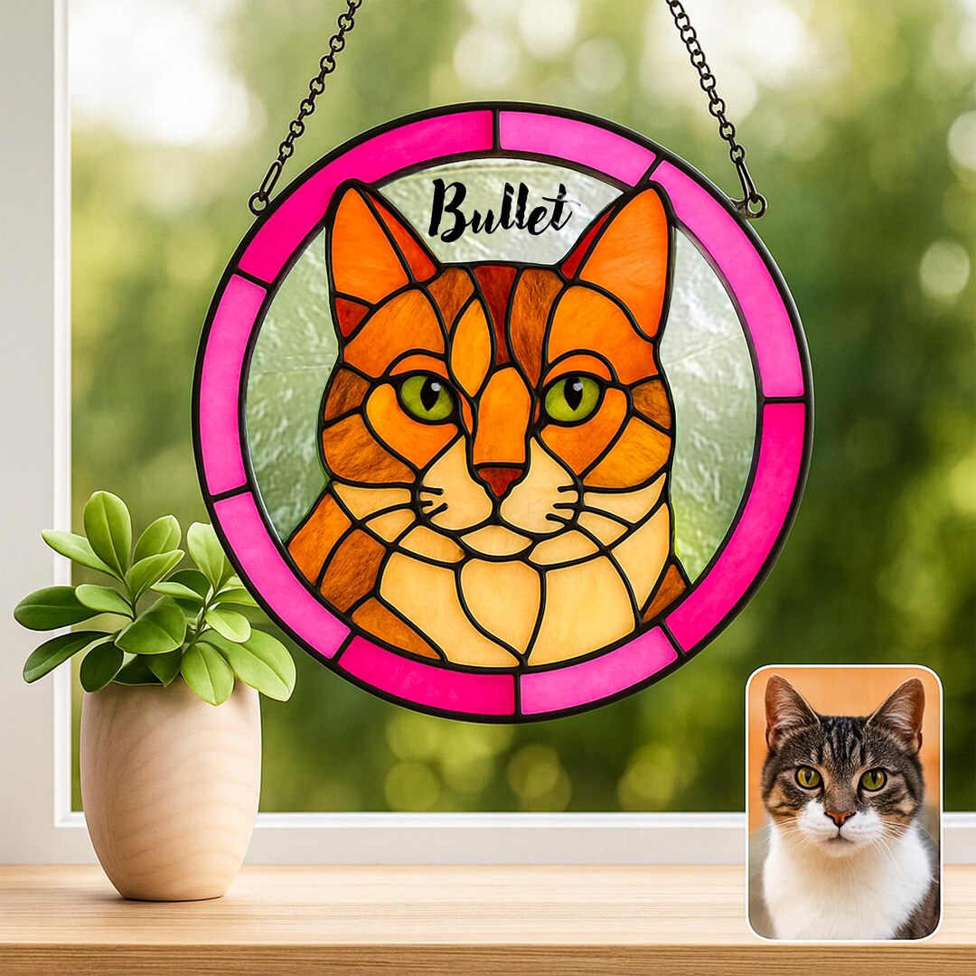 Custom Cat Portrait Suncatcher | Handmade Stained Glass Pet Memorial ...