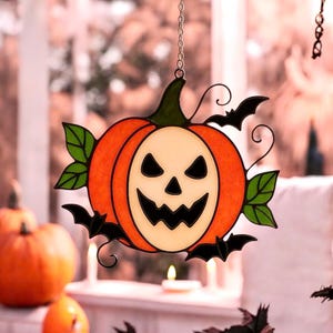 Stained Glass Pumpkin Window Suncatcher, Halloween Gift, Halloween Pumpkin Ornament Spooky, Halloween Window Hanging Decor, Pumpkin Decor