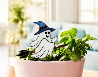 Stained Glass Ghost Plant Stake – Handmade Halloween Plant Pot Decoration