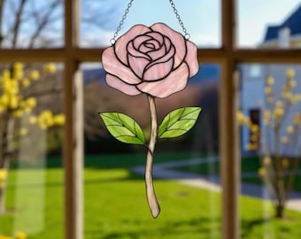 Handmade Stained Glass Rose Suncatcher, Modern Window Hanging, unique gifts for mom, Mother’s Day gift stained glass
