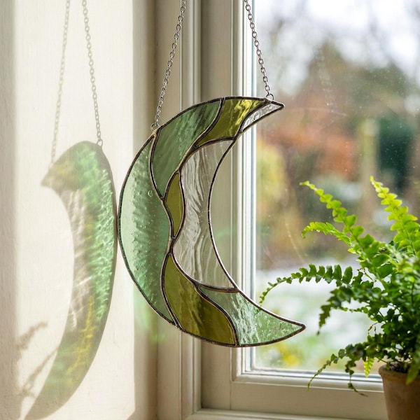 Handmade Stained Glass Moon Suncatcher, Modern Window Hanging Decor, Nature Boho Sun Catcher Gift