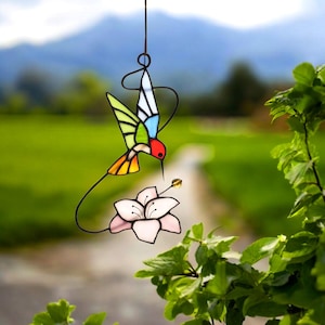 Custom Hummingbird stained glass window hangings, stained glass bird suncatcher Gifts for her, Flower stained Glass, Fathers Day gift