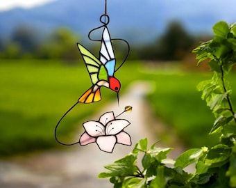 Handmade Stained Glass Hummingbird Suncatcher, Flower Window Hanging
