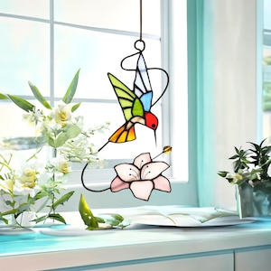 Hummingbird stained glass Gifts for her window hangings, Custom stained glass bird suncatcher, Flower stained Glass, Fathers Day gift