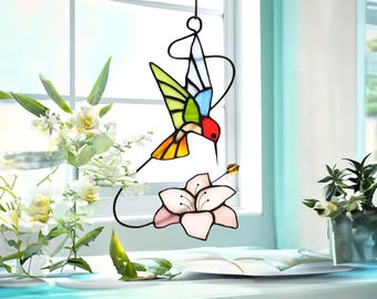 Hummingbird Stained Glass Suncatcher, Floral Window Hanging
