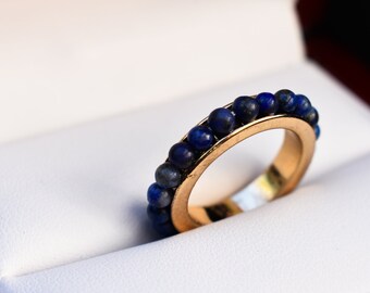 Colorful Gold Beaded Ring, Dark Blue Turquoise Ring, Gold Band Ring, Simple Beautiful Band Ring, Jade Beads Ring