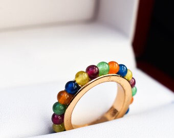 Colorful Gold Beaded Ring, Blue Turquoise Ring, Beautiful Band Ring, Jade Beads Ring