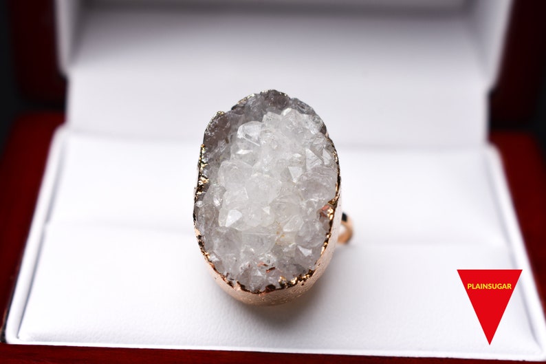 Beautiful Women/'s Ring |Feminine Rings 14k Yellow Gold Plated Ring Natural Stone Ring Large Druzy Quartz Ring Cute Girl/'s Ring