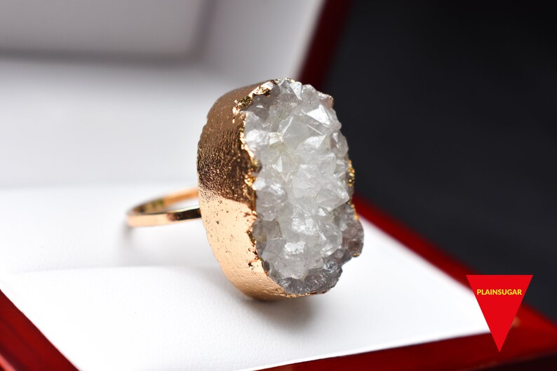 Beautiful Women/'s Ring |Feminine Rings 14k Yellow Gold Plated Ring Natural Stone Ring Large Druzy Quartz Ring Cute Girl/'s Ring