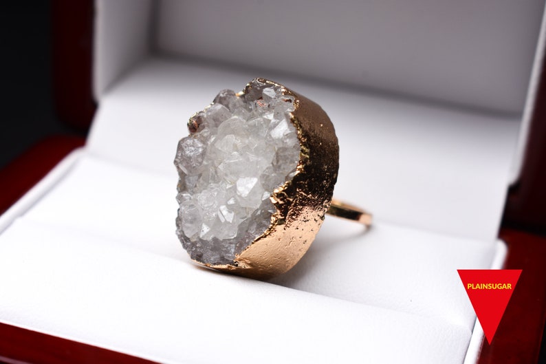 Beautiful Women/'s Ring |Feminine Rings 14k Yellow Gold Plated Ring Natural Stone Ring Large Druzy Quartz Ring Cute Girl/'s Ring