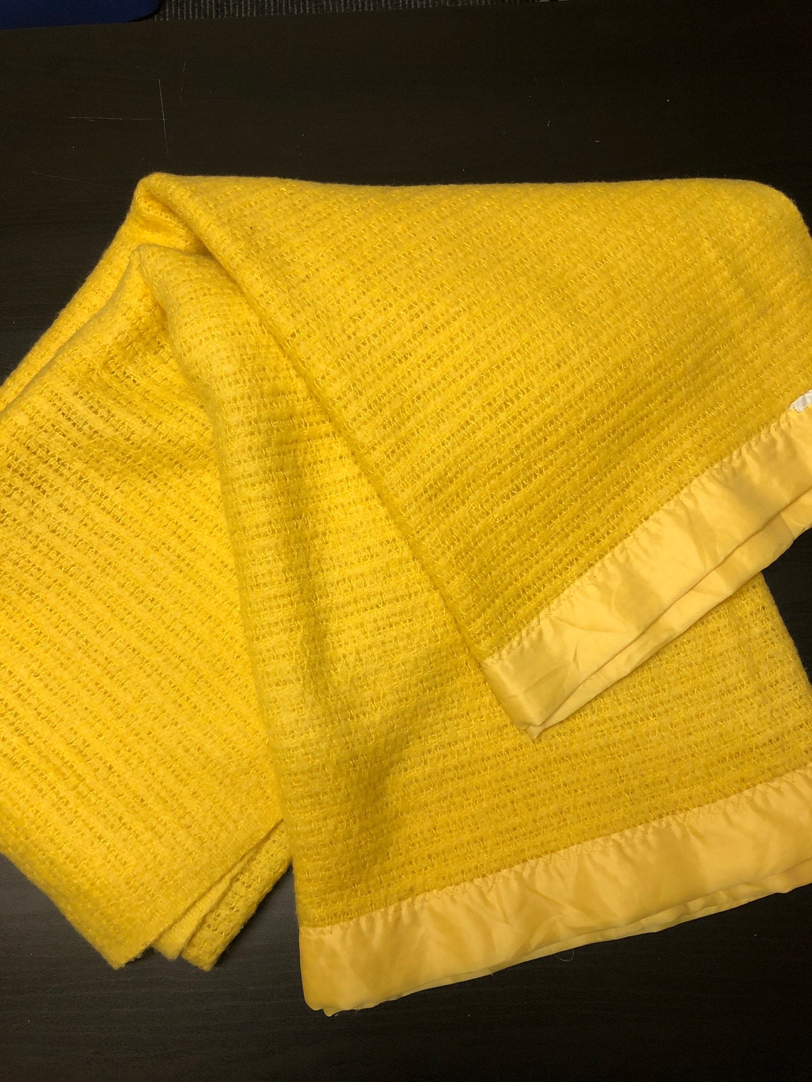 Vintage Waffle Weave Satin Trim Yellow Blanket 67 X 53 Etsy