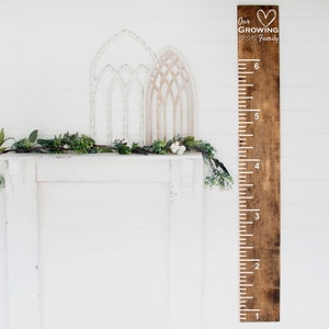 Rustic Stained Wooden Kids Growth Chart-Our Growing Family-Hanging Growth Chart-Hanging Ruler Chart-Tape Measure Height Chart-Giant Ruler