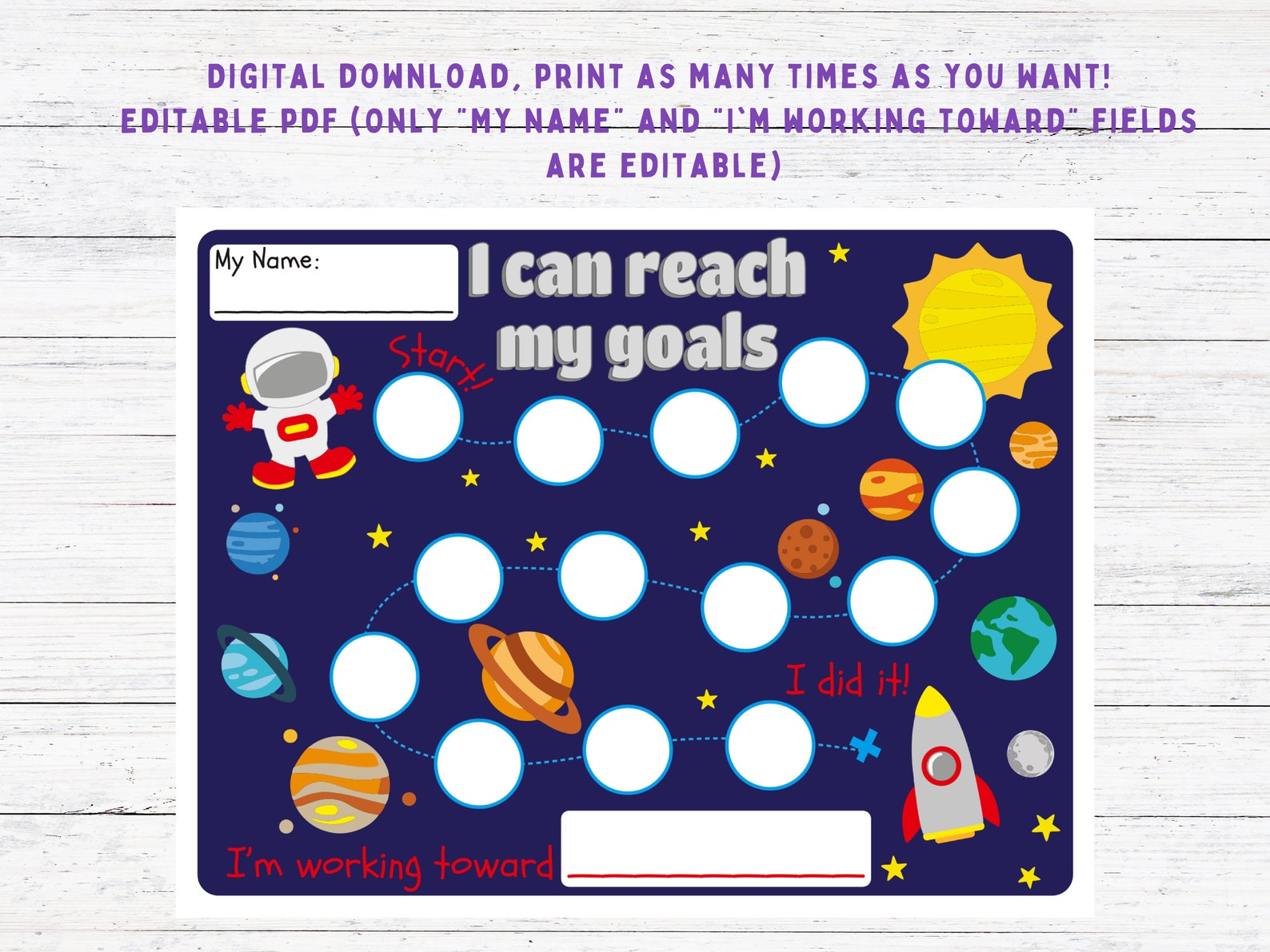 Goal chart for kids space goal chart printable goal chart for kids etsy