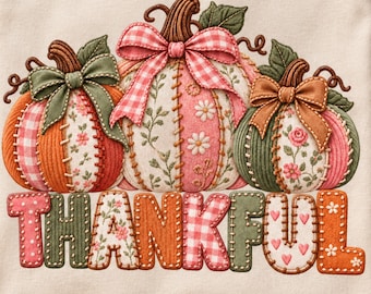 Thankful Patchwork Pumpkin PNG | Thanksgiving Thankful PNG | Coquette Fall PNG | Girly Pumpkin Design | Fall Bow Gingham Floral Stitchwork