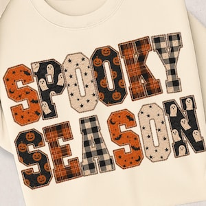 Faux Patchwork Spooky Season PNG | Bats Ghosts Pumpkins Gingham Stars Plaid Design | Girly Halloween PNG | Preppy Fall PNG | Varsity Letters