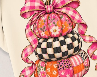 Pink Pumpkin PNG | Preppy Fall Pumpkin Stack Design | Girly Halloween PNG | Floral Pumpkin Bow Checkered Leopard Fall Design | Spooky Season