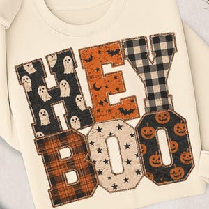 Hey Boo Patchwork Halloween PNG | Ghosts Bats Gingham Plaid Pumpkins Stars Design | Girly Spooky Season | Preppy Fall PNG