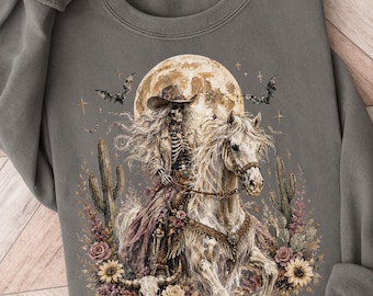 Western Skeleton on a Horse PNG | Boho Halloween Design | Flower and Moon Mystical PNG | Western Spooky Season Design | Skeleton Cowgirl