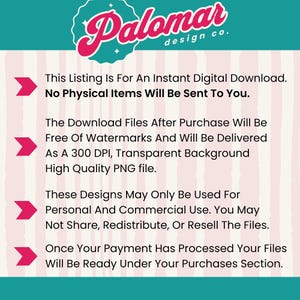 May include: A digital information graphic with a teal header featuring the white text Palomar design co. The body has a light pink striped background with four magenta arrows pointing to text explaining the instant digital download process.