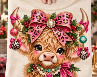 Christmas Highland Cow PNG | Pink Highland Cow Christmas PNG | Leopard Bow PNG | Girly Christmas Cow Design | Coquette Christmas