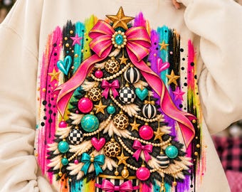 Glam Christmas Tree PNG | Pink Christmas Tree Leopard Christmas PNG | Coquette Christmas Bow Colorful Holiday Design | Maximalist Holiday