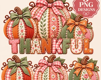 Thankful Patchwork Pumpkin PNG Bundle | Fall PNG Bundle | Thanksgiving Girly Pumpkin PNG | Coquette Fall Designs | Gingham Floral
