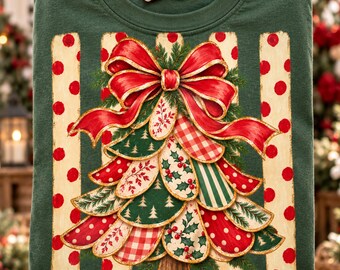 Patchwork Christmas Tree PNG | Christmas Coquette Bow PNG | Vintage Christmas Tree Design | Red Green Christmas Coquette Holiday PNG