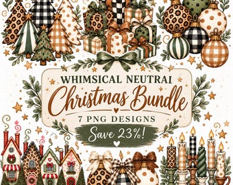 Whimsical Christmas PNG Bundle | 7 Christmas Designs | Neutral Christmas PNG | Leopard Christmas | Christmas Tree Ornament Gift Bundle