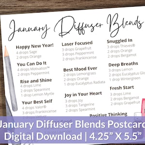 May include: A printable January diffuser blend postcard with a watercolor design. The postcard features a list of diffuser blends with names like "Happy New Year!" and "Laser Focused" and the number of drops of each essential oil needed for each blend.