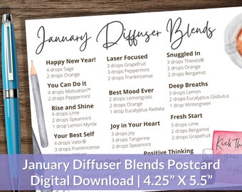 January Essential Oil Diffuser Recipes Postcard | New Years Diffuser Blends | Instant Digital Download for a 4.25 X 5.5 Postcard