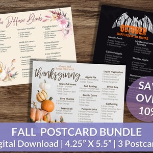 Può includere: Tre cartoline stampabili con miscele di diffusori per settembre, ottobre e Ringraziamento. Ogni cartolina ha uno sfondo ad acquerello e elenca le miscele di oli essenziali con la quantità di gocce per ogni profumo.