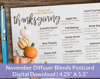 November Essential Oil Recipe Postcard | Thanksgiving Diffuser Blends | Instant Digital Download for a 4.25 X 5.5 Postcard
