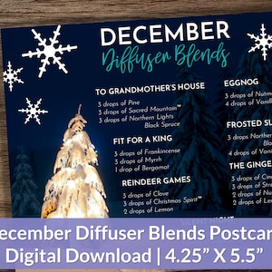 以下が含まれることがあります： 「DECEMBER Diffusen Blends」というテキストと、各月のディフューザーブレンドのリストが書かれた青と白の印刷可能なポストカード。ブレンドには、「To Grandmother's House」、「Fit for a King」、「Reindeer Games」、「Eggnog」、「Frosted Sleigh Ride」、「The Gingerbread Man」などの名前が含まれています。ポストカードには、ライトアップされたクリスマスツリーのある雪の降る森のシーンも含まれています。