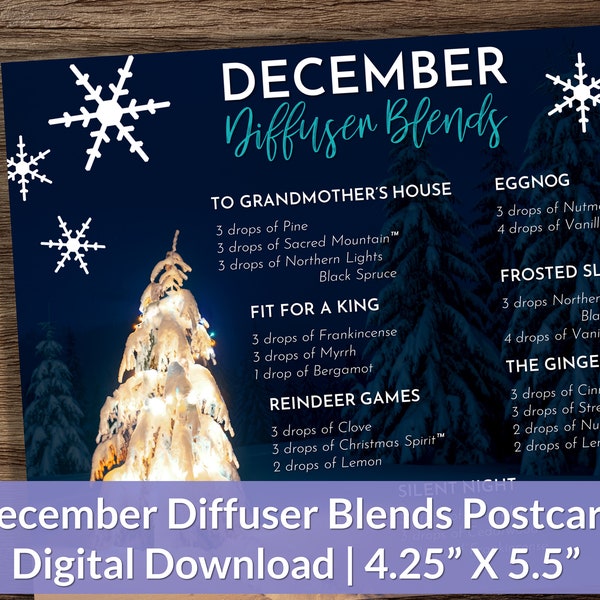 December Essential Oil Recipe Postcard | Holiday Diffuser Blends | Instant Digital Download for a 4.25 X 5.5 Postcard