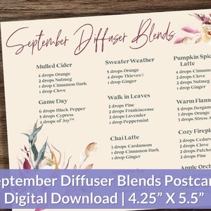 Puede incluir: Una postal imprimible con una lista de mezclas de difusores para septiembre. Las mezclas se enumeran en dos columnas con nombres como "Sidra caliente", "Clima de suéter", "Día de juego", "Caminar entre hojas", "Latte de especias de calabaza", "Franela cálida", "Chai Latte", "Chimenea acogedora" y "Huerto de manzanas". La postal está decorada con ilustraciones florales de acuarela en tonos rosa, amarillo y verde.