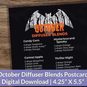 Può includere: Un biglietto da visita stampabile in bianco e nero con una silhouette di pipistrello e il testo "October Diffuser Blends". Il biglietto da visita elenca quattro diverse miscele di diffusori con nomi di oli essenziali e quantità di gocce per ogni miscela. Il biglietto da visita misura 10,8 cm per 14 cm.