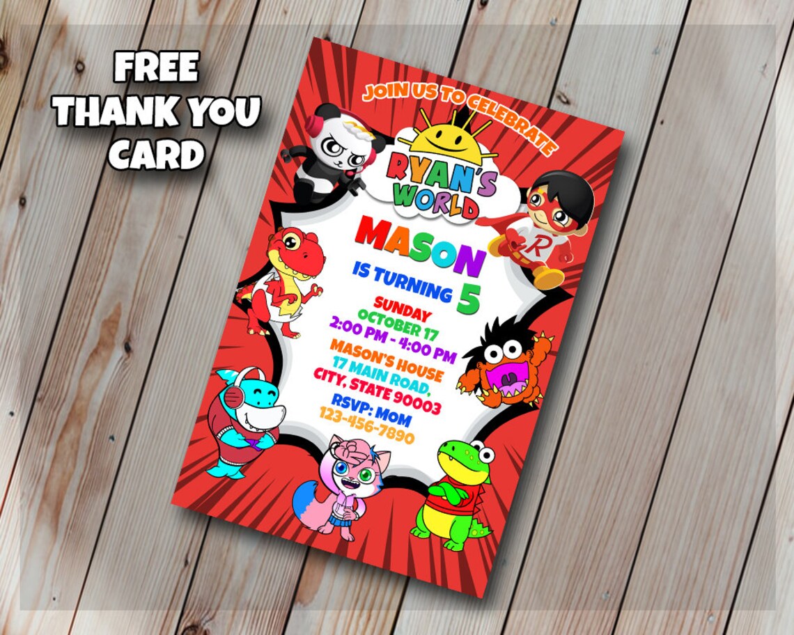 Ryan World Birthday Invitation Free Thank You Card Ryans | Etsy