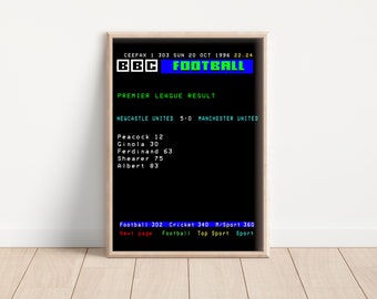 Newcastle 5 Man U 0 1996 Retro Ceefax Teletext Artwork | Print | Newcastle United | NUFC | Tyneside | Toon| Geordies