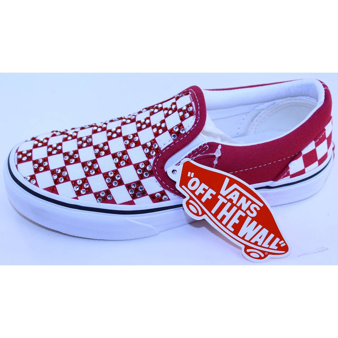Vans Checkerboard Classic Slip on Red White Canvas Glass Crystal Rhinestone Sneakers Casual Athletic Loafers Kid s Shoes Girl s Size 1 M NEW Etsy