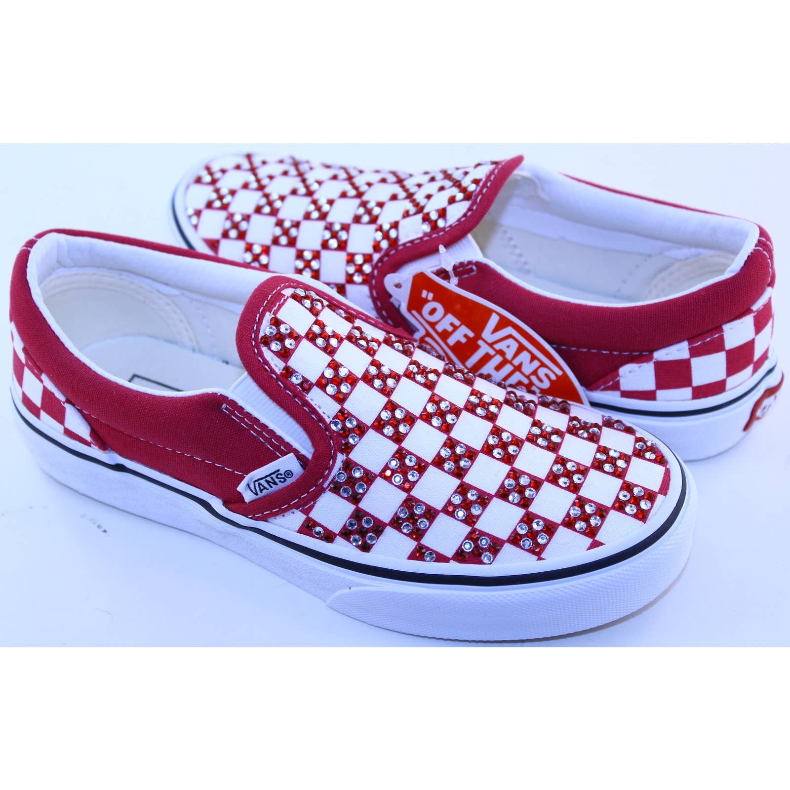 Vans Checkerboard Classic Slip on Red White Canvas Glass Crystal ...