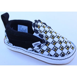 Vans Checkerboard V Crib Slip-On Black White Yellow Gold Glass Crystal Rhinestone Sneakers - Infant Baby Shoes Size 4 M - NEW with BOX